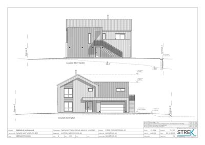 Fasadetegning som viser bygningens utseende sett fra nord og øst, inkludert detaljer om vinduer, dører, takform og fasadematerialer.
