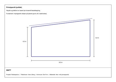 Prinsippssnitt (pulttak) som viser høyder og takform for bygningen.