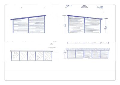 Fasadetegning for et redskapshus med visning av side-, front- og bakfasade.