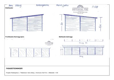 Fasadetegning for et redskapshus med visning av side-, front- og bakfasade.