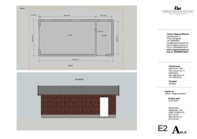 Bildet viser en tegning med etasjeplan (Plan 1) og en fasadevisning (Nord/Sør) for en garasje.