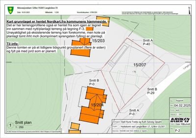 Situasjonsplan som viser tomtens beliggenhet, nabolag, terrengkonturer og snittlinjer.