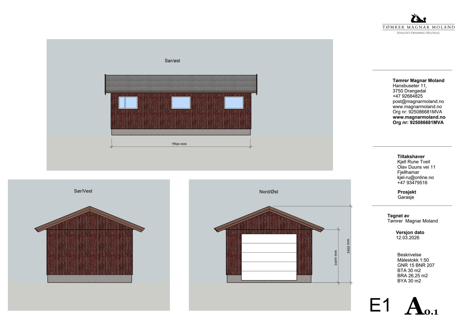 Fasadetegning som viser bygningens utseende fra tre sider: Sør/Vest, Nord/Øst og Sør/Øst.
