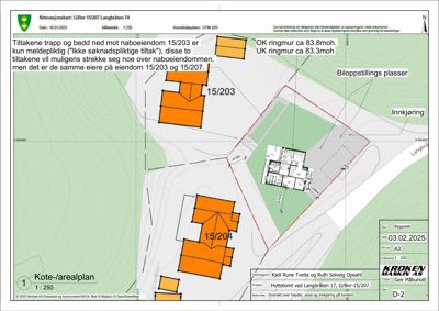 Situasjonsplan som viser tomtens beliggenhet, naboeiendommer (15/203 og 15/204), innkjøring, biloppstillingsplasser og høydemål.