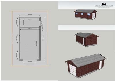 Bildet viser en plantegning (etasjeplan) med mål på venstre side og tre 3D-renderinger av bygningen på høyre side.