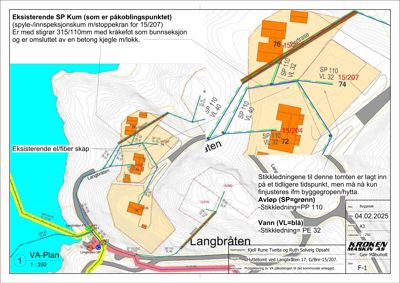 VA-plan som viser eksisterende og planlagt vann- og avløpsledninger (SP, VL) i forhold til tomtegrenser og eksisterende skap.