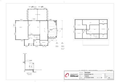 Etasjeplan (1. etasje) med romfordeling, snitt og situasjonsplan for Tømøen 52.