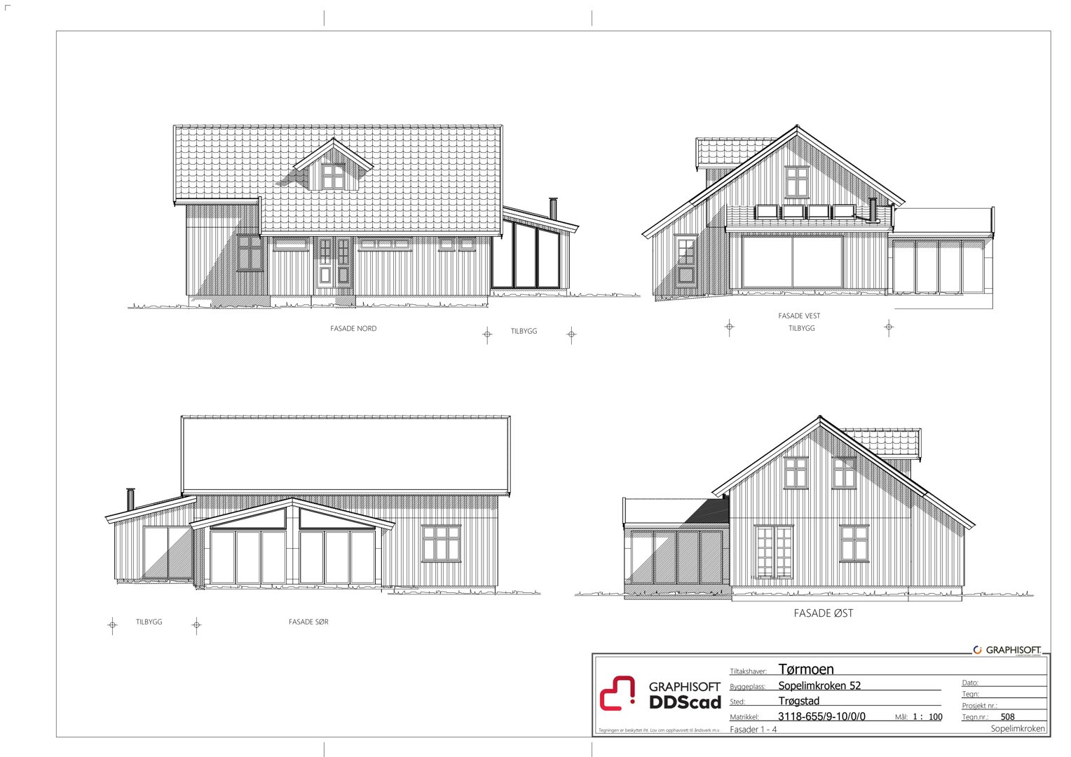 Fasadetegning som viser bygningens utseende fra alle fire sider (Nord, Sør, Øst, Vest).