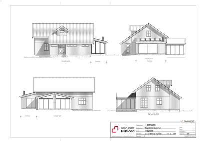 Fasadetegning som viser bygningens utseende fra alle fire sider (Nord, Sør, Øst, Vest).