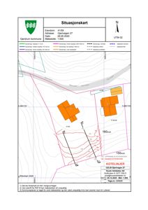 Situasjonskart som viser eiendomsgranser, høydemålerlinjer (koteliner), nabolag og topografi for eiendommen Gjerivegen 27.