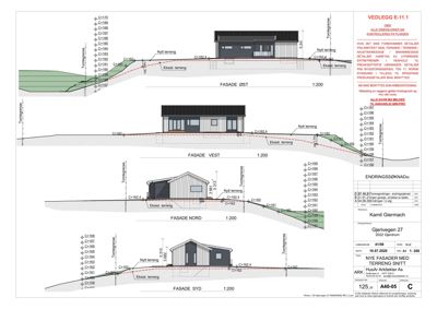 Snittegning som viser bygningens fasader (øst, vest, nord, syd) i forhold til terrenget og grunnvannsnivået.
