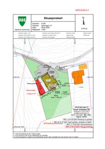 Situasjonskart som viser eiendomsnummer, adresse, nabolag, tomtegrenser og bygningers plassering.