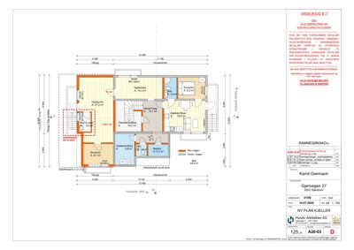 Etasjeplan (1. etasje) med romfordeling, dimensjoner og endringer markert.