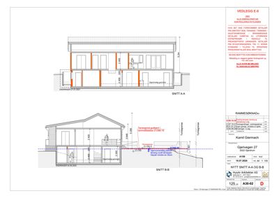Snittegning (SNITT A-A og SNITT B-B) som viser bygningens tverrsnitt, høyder, takform og grunnkonstruksjon.
