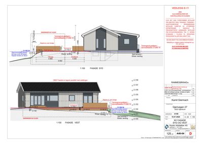 Fasadetegning (opprikk) av en bygning sett fra syd og vest, med detaljer om terrassering, tak og materialer.