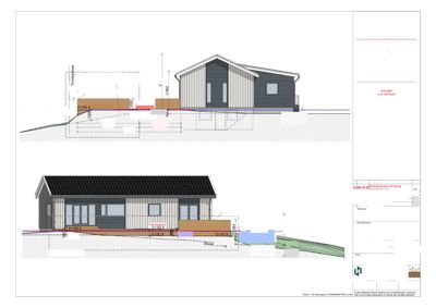 Fasadetegning (opprikk) av en bygning sett fra syd og vest, med detaljer om terrassering, tak og materialer.