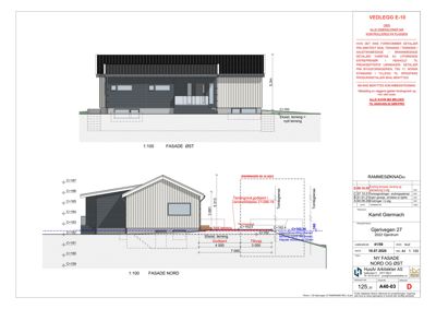 Fasadetegning (opprikk) av en bygning sett fra øst og nord, med mål og konstruksjonsdetaljer.