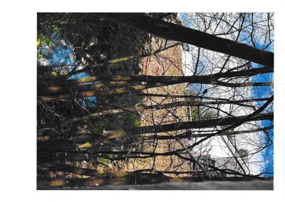 Fotografi av en bygning sett gjennom trær, med blå himmel og skyer i bakgrunnen.