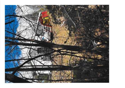 Fotografi av en bygning sett gjennom trær, med en blå himmel i bakgrunnen.