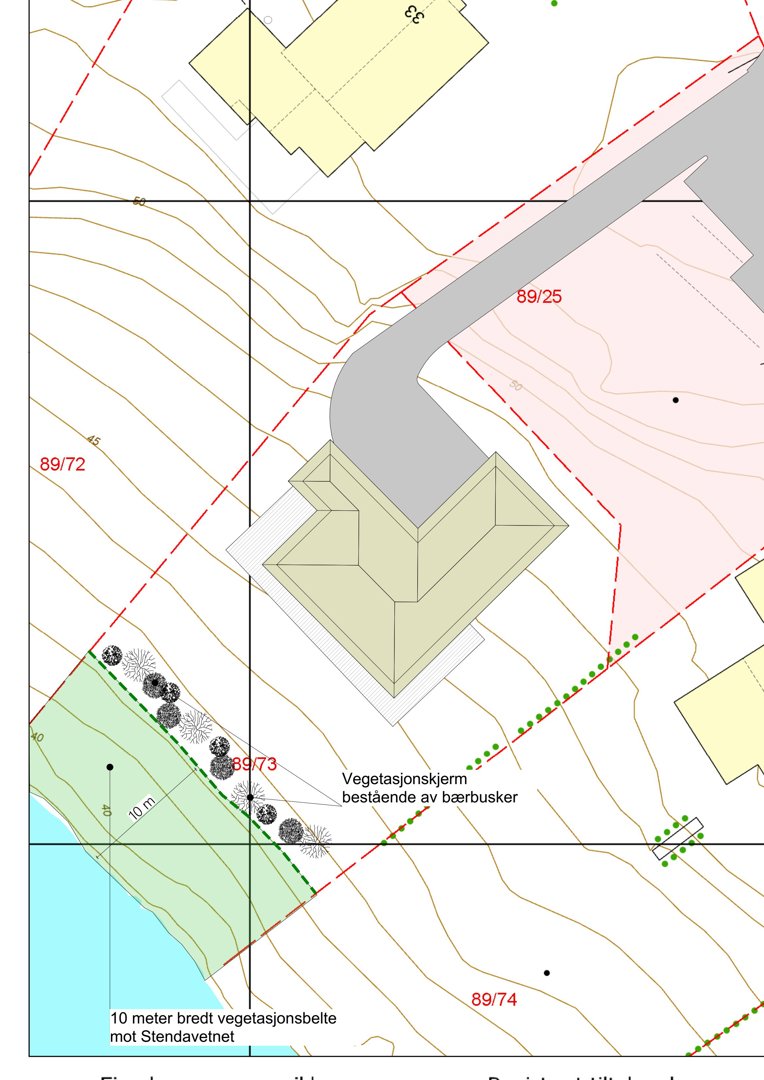 Situasjonsplan som viser tomtens beliggenhet, høydemålerlinjer, naboeiendommer, vegetasjonsbelte og vegetasjonskjerm.
