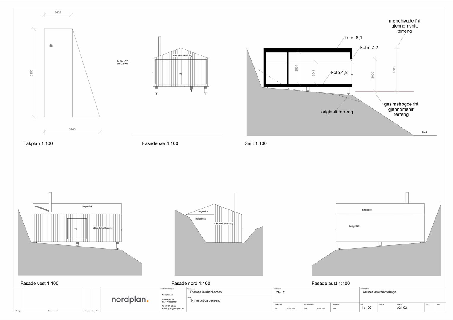 Bildet viser en samling tegninger som viser fasadeoppsettet for en bygning sett fra fire ulike sider (vest, nord, øst, sør) samt et snitt og takplan.