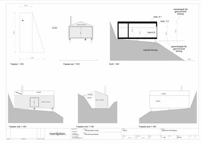 Bildet viser en samling tegninger som viser fasadeoppsettet for en bygning sett fra fire ulike sider (vest, nord, øst, sør) samt et snitt og takplan.