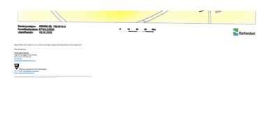 Bildet viser en situasjonsplan eller et kartutsnitt med koordinater, en målestokk og et logo fra Kartverket.