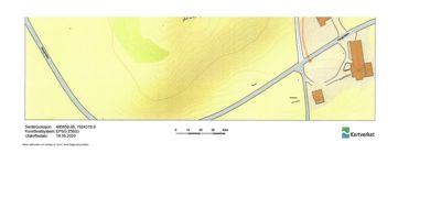 Situasjonsplan som viser topografi, vegnett og bygningsplassering på en tomt.