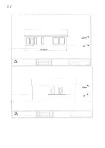 Bildet viser en tegning av en fasade (oppriis) av en bygning sett fra siden, med mål og vindusoppsett.