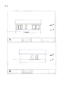 Bildet viser to fasadetegninger (oppriks) av en bygning sett fra fronten, med mål og rominndeling.