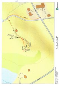 Situasjonsplan som viser bygningenes plassering på tomten i forhold til veier og terrengform.