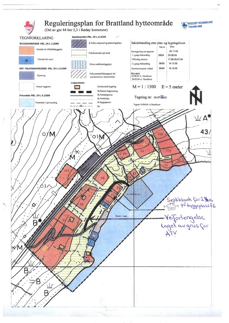 Reguleringsplan for Brattland hytteområde som viser tomtedeling, vegnett og arealbruk.