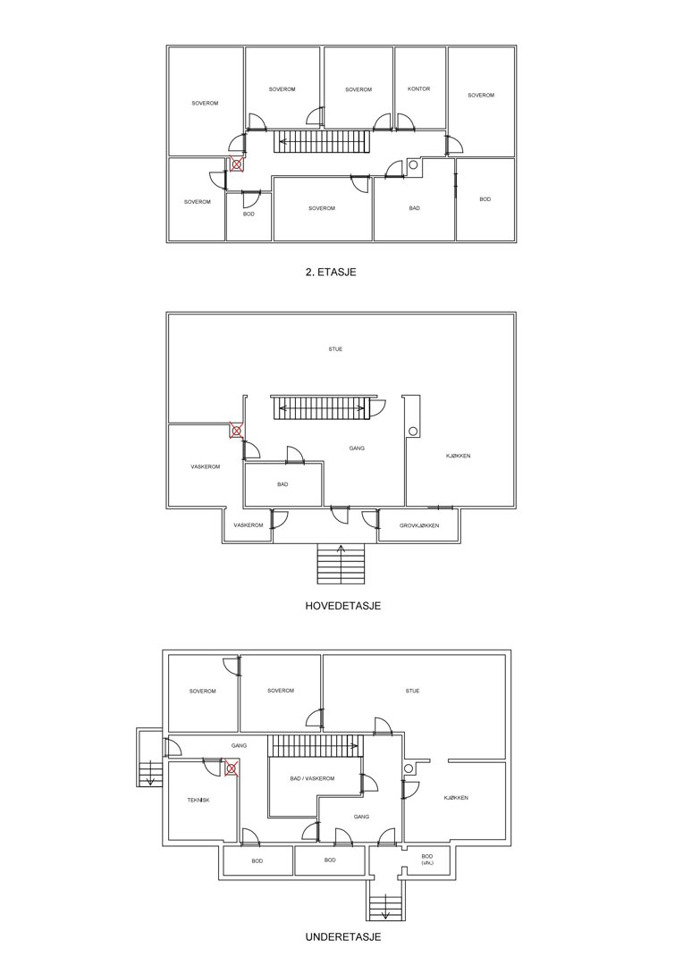 Plantegning som viser romfordeling for 2. etasje, hovedetasje og underetasje.
