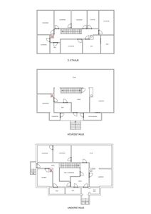 Plantegning som viser romfordeling for 2. etasje, hovedetasje og underetasje.
