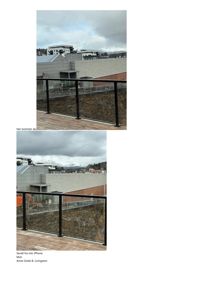 Fotografier av en terrasse eller balkong med utsikt over nabobygninger og fjell i bakgrunnen.