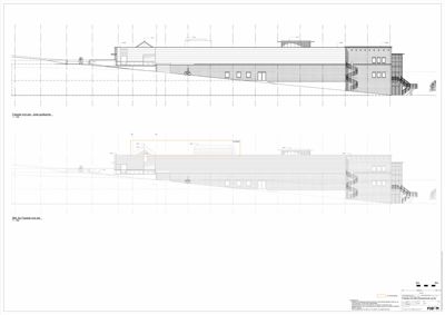 Fasadetegning (opprikk) av en bygning sett fra siden, med to varianter (uten og med detaljer).
