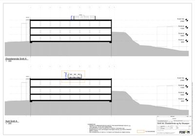 Snittegning (Snitt AA) som viser bygningens tverrsnitt, høyder og grunnplaner.