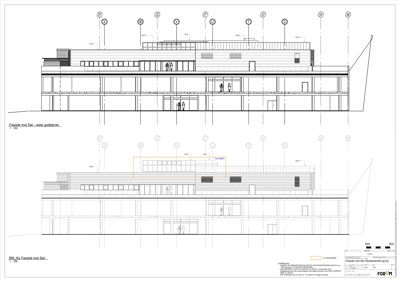 Fasadetegning som viser bygningens utseende fra vest og nord, inkludert vinduer, dører og takform.