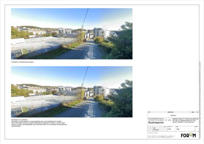 To fotografier som viser en eksisterende og en planlagt situasjon for en bygning, inkludert tekstbeskrivelser.