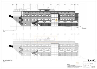 Fasadetegning som viser bygningens utseende sett fra nord, med to varianter (sluttgolv og BM), inkludert detaljer som vinduer, dører, trapper og arkitektoniske elementer.