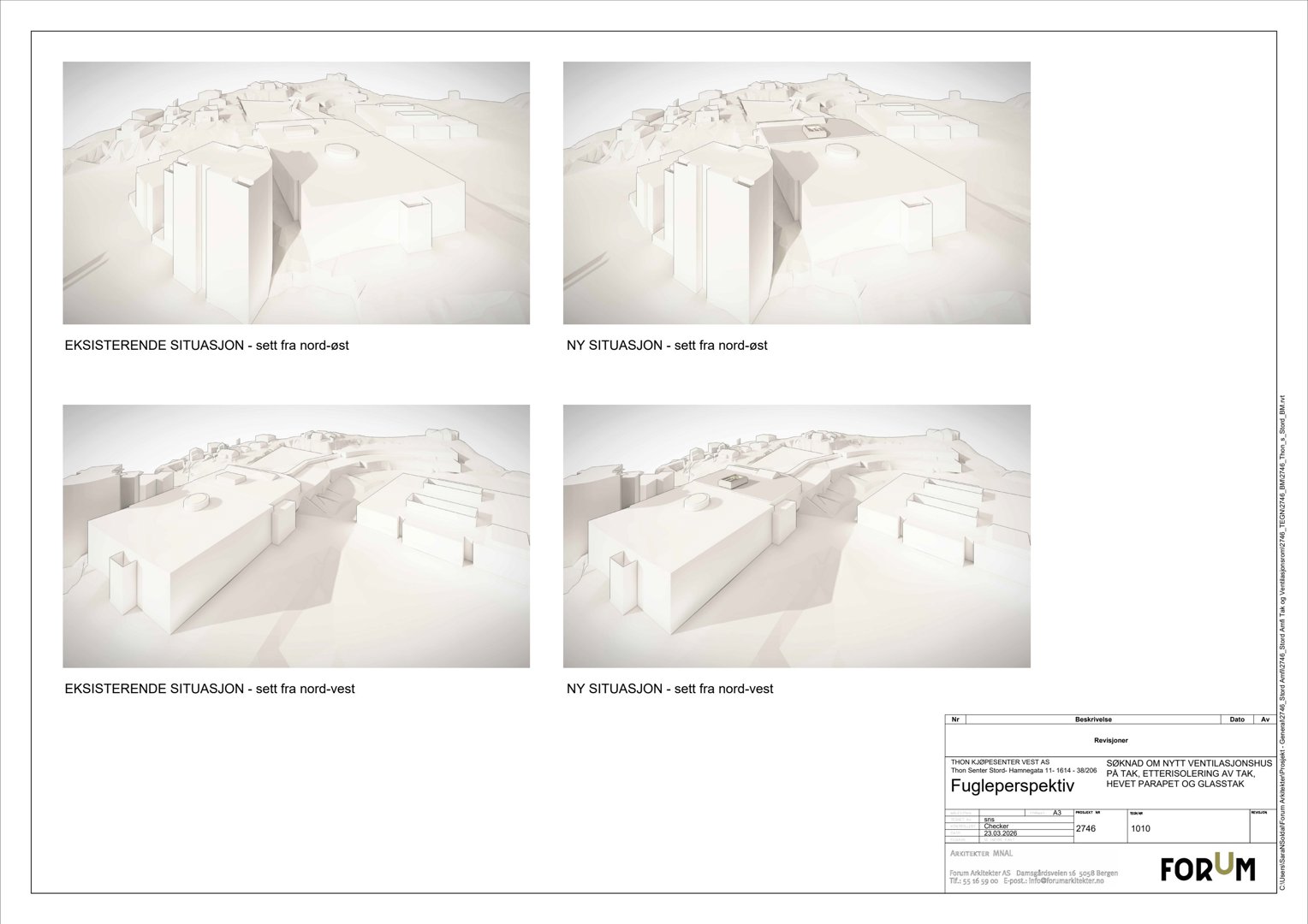 Fire 3D-fugleperspektiver som viser eksisterende og ny situasjon sett fra nord-øst og nord-vest.