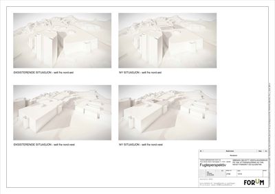Fire 3D-fugleperspektiver som viser eksisterende og ny situasjon sett fra nord-øst og nord-vest.