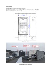 En tegning som viser en takplan med plassering av ventilasjonsutstyr (kjelemaskiner, varmepumpe) og en tilhørende fotoillustrasjon av eksisterende situasjon.