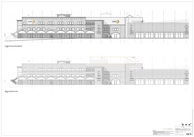 Fasadetegning som viser bygningens utseende fra fronten, med detaljer om vinduer, dører og arkitektoniske elementer.