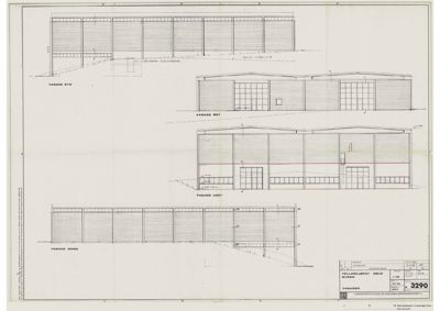 Fasadetegning som viser bygningens utseende fra fire sider (Nord, Sør, Øst, Vest).