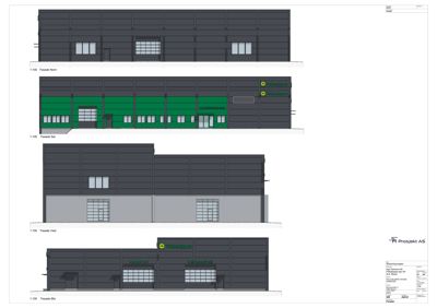 Fasadetegning som viser bygningens utseende fra fire sider: Nord, Sør, Vest og Øst.