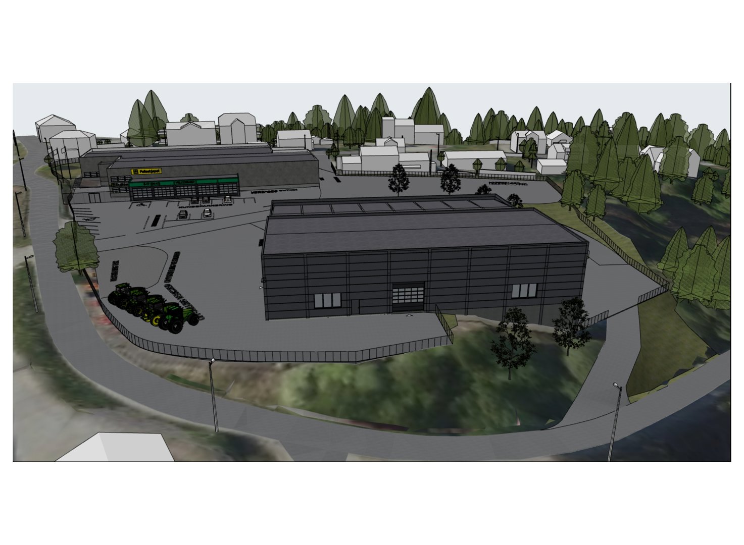 3D-visualisering av et nytt bygg (garasje/lager) sett fra lufta, inkludert omgivende tomt, veier og nabolag.