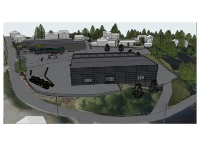 3D-visualisering av et nytt bygg (garasje/lager) sett fra lufta, inkludert omgivende tomt, veier og nabolag.