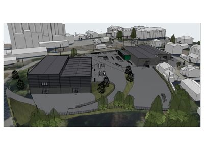 3D-visualisering av et nytt bygg (mørkegrå fasade) sett i forhold til eksisterende omgivelser og nabolag.