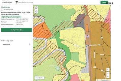 Kommuneplanens arealdel for Indre Østfold kommune, som viser arealbruksplaner med fargekodet informasjon om ulike soneområder.